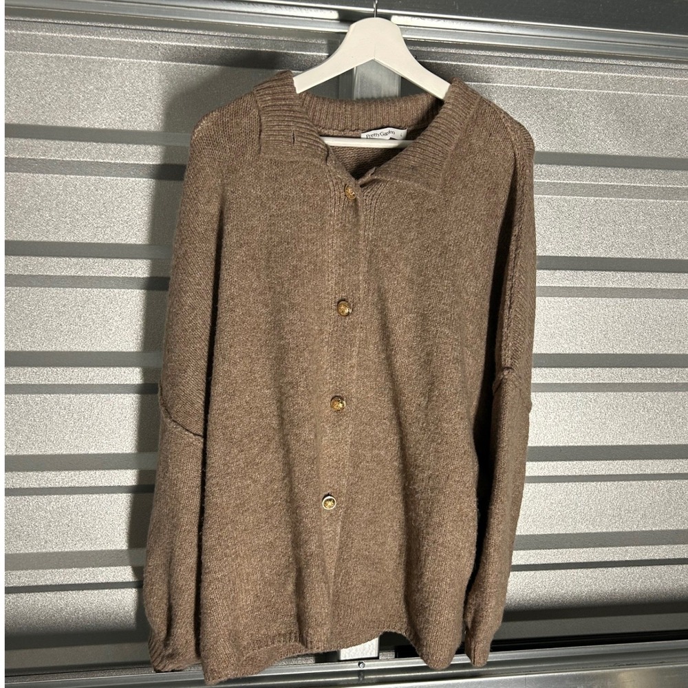 PrettyGarden Cardigan Sweater Womens L Brown Oversized Gold Button Academia Cozy
